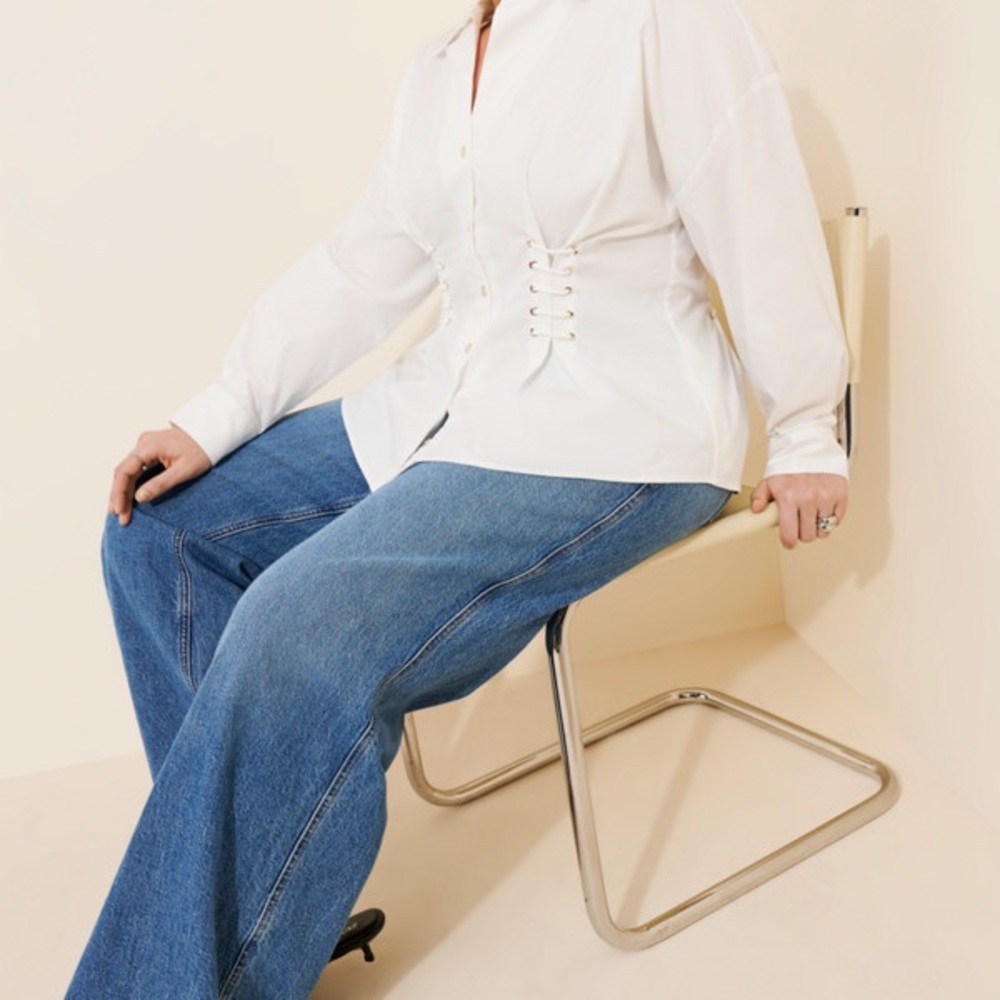 Women's White Button-Down Corset Detail Shirt